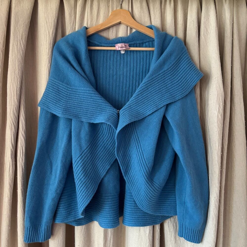 Jennifer Tyler Knit Couture Blue Cashmere Cardigan Sweater Large Shawl *FLAW*